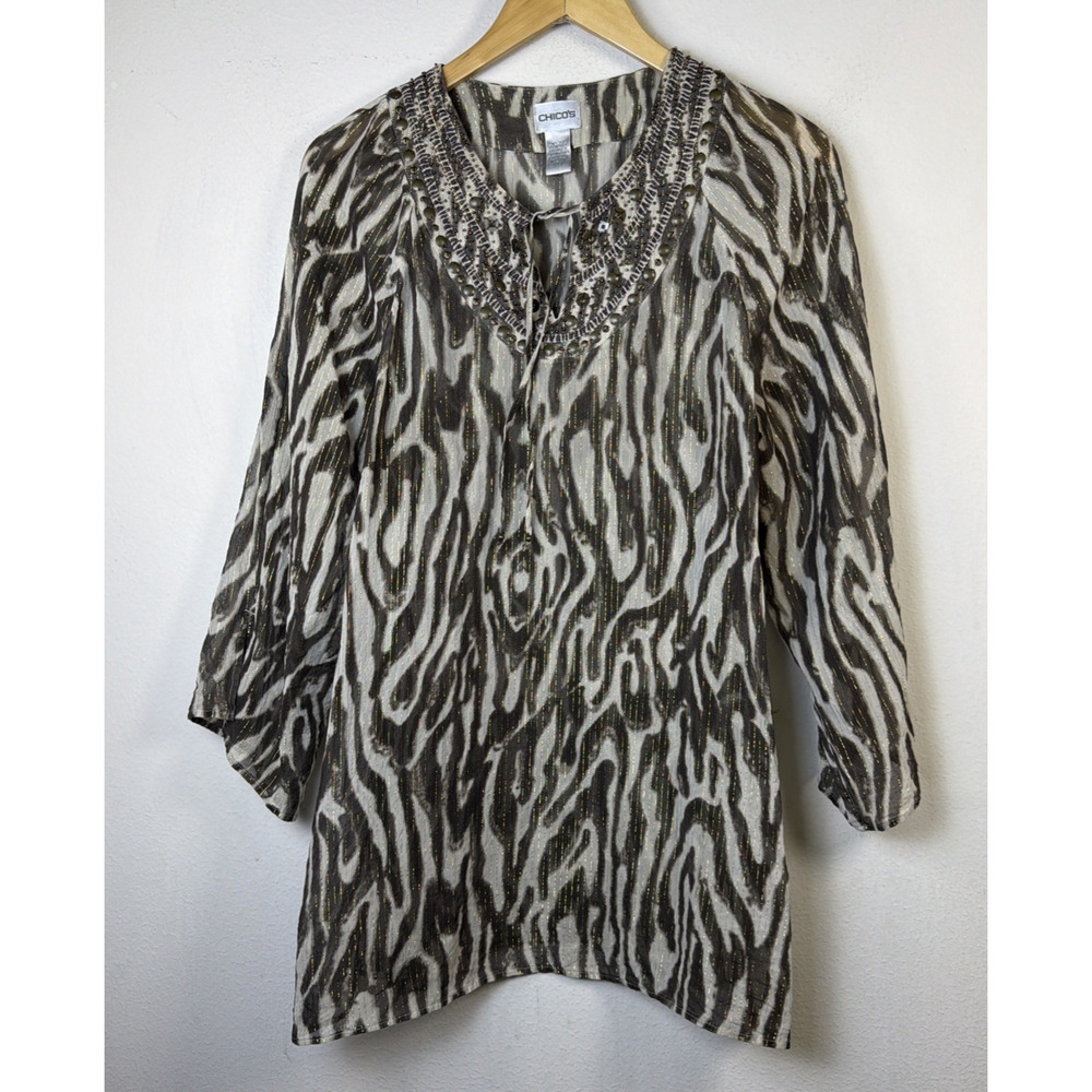 Chico's Animal Print Tunic Large silk brown gold bohemian beaded festival party - Picture 2 of 16